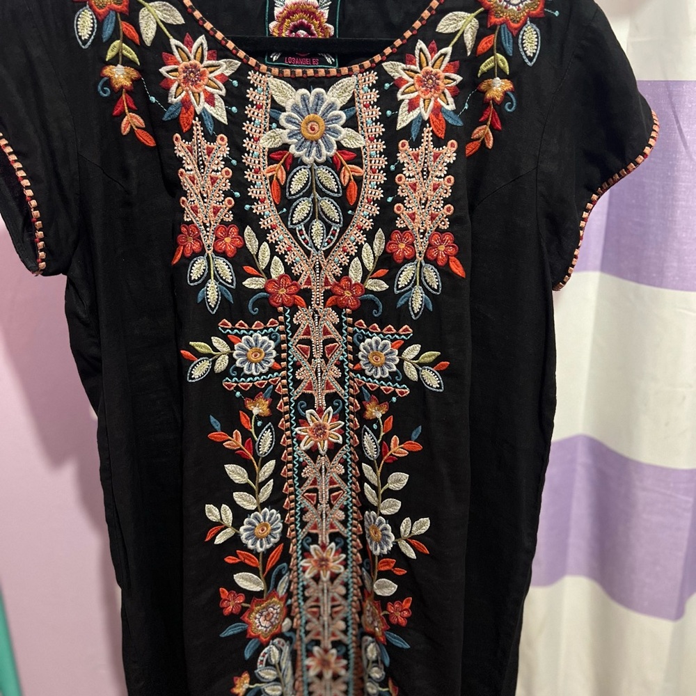 Johnny Was Black Dress with Multicolor Embroidery